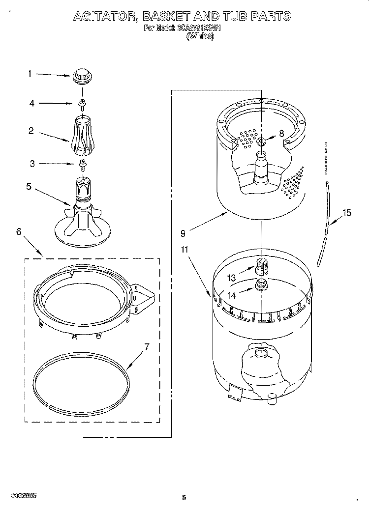 AGITATOR, BASKET AND TUB Diagram and Parts List for 3CA2781XSW1  Whirlpool Washer