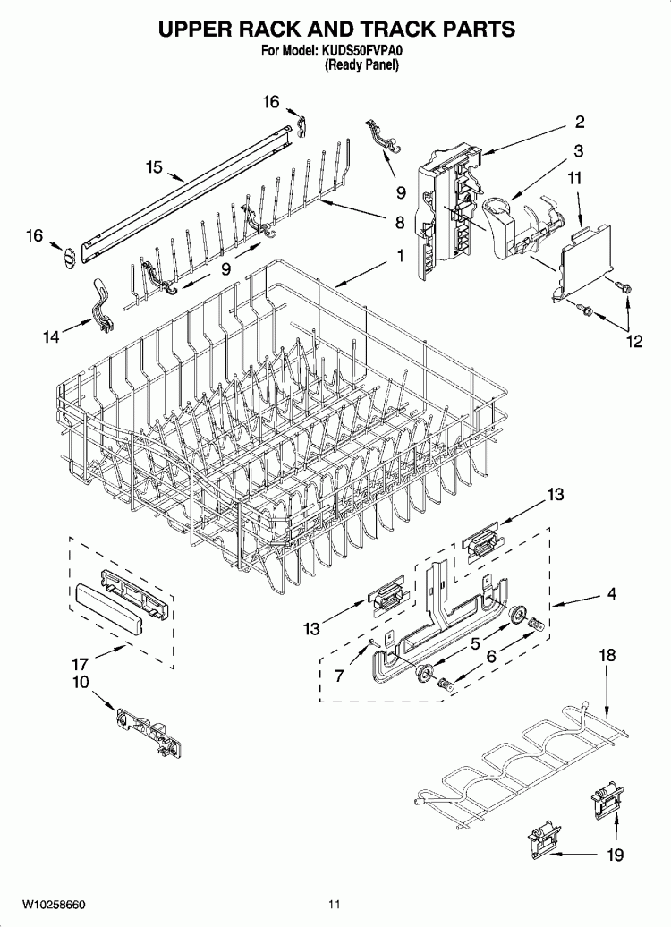 UPPER RACK AND TRACK PARTS Diagram and Parts List for KUDS50FVPA0  KitchenAid Dishwasher
