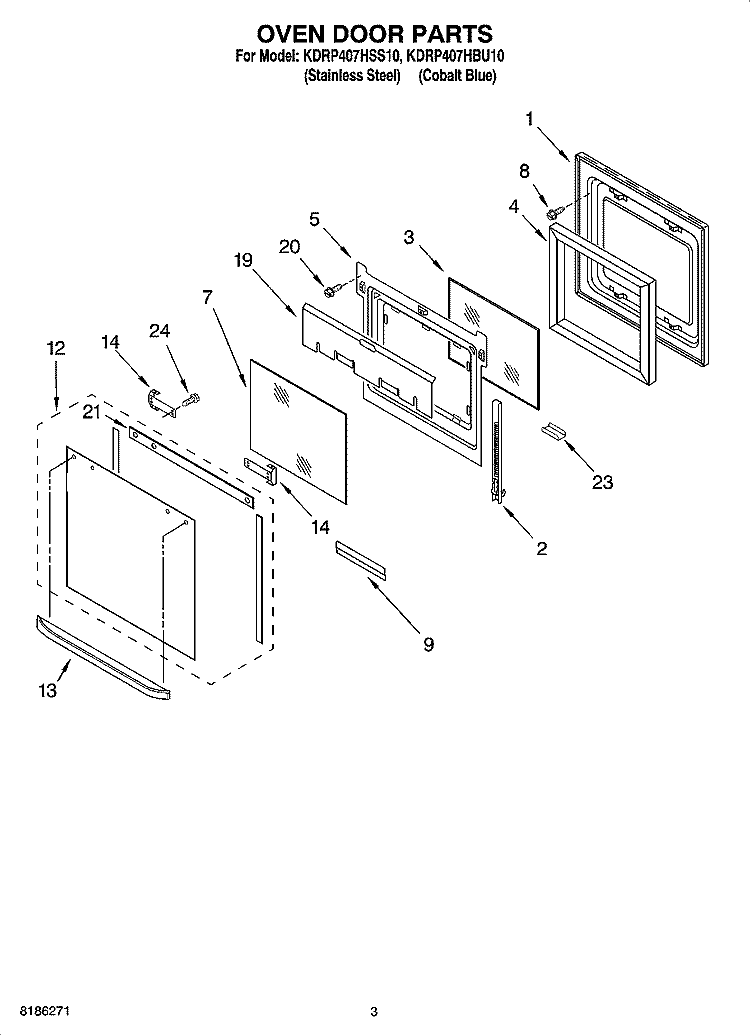 OVEN DOOR PARTS Diagram and Parts List for KDRP407HBU10  KitchenAid Range