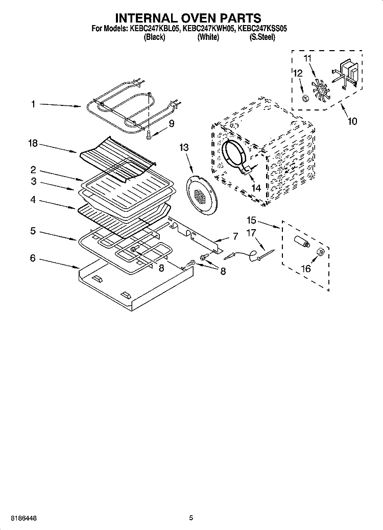 INTERNAL OVEN PARTS Diagram and Parts List for KEBC247KBL05  KitchenAid Wall Oven