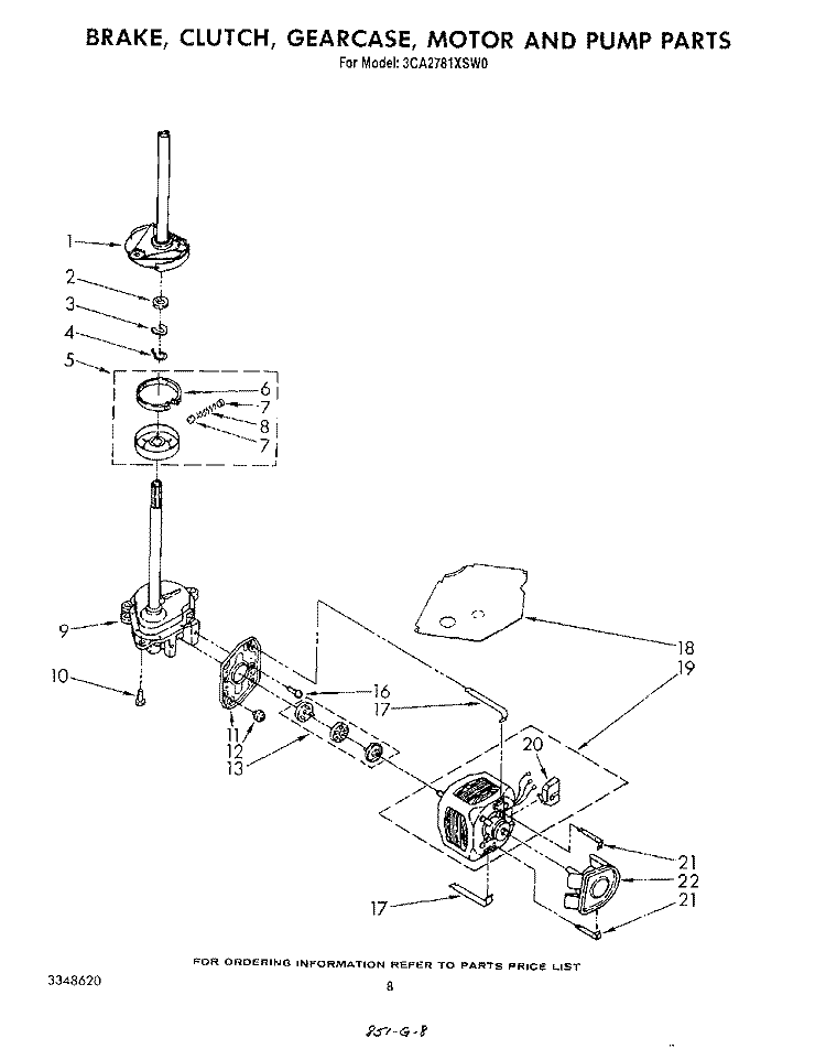 BRAKE, CLUTCH, GEARCASE, MOTOR AND PUMP Diagram and Parts List for 3CA2781XSW0  Whirlpool Washer