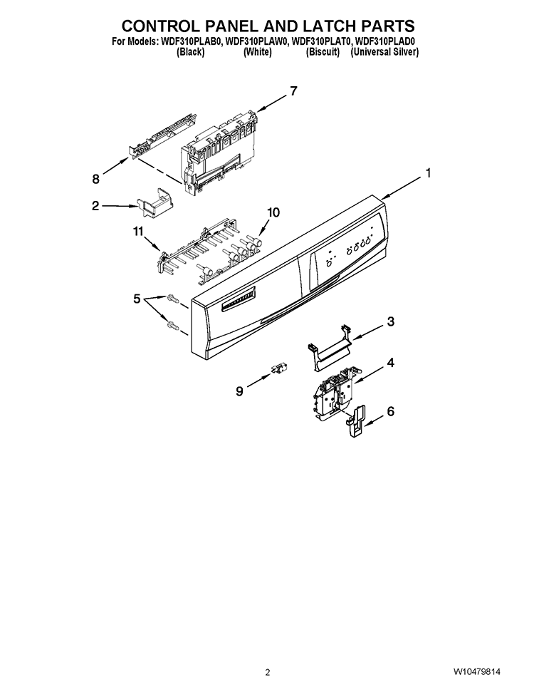 CONTROL PANEL AND LATCH PARTS Diagram and Parts List for WDF310PLAD0  Whirlpool Dishwasher