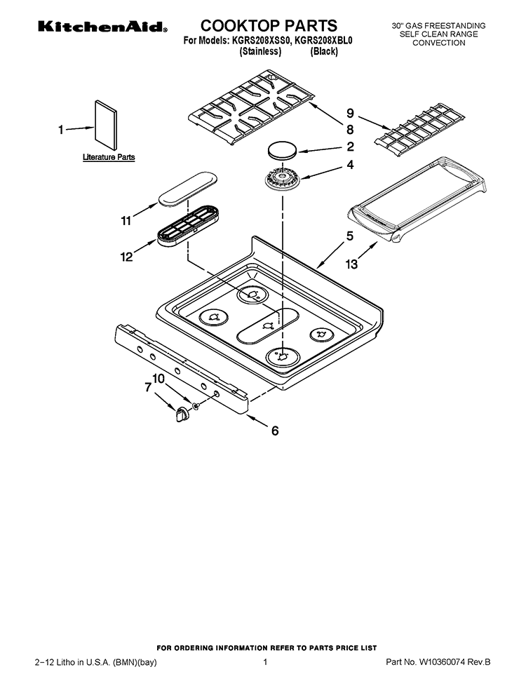 COOKTOP PARTS Diagram and Parts List for KGRS208XBL0  KitchenAid Range