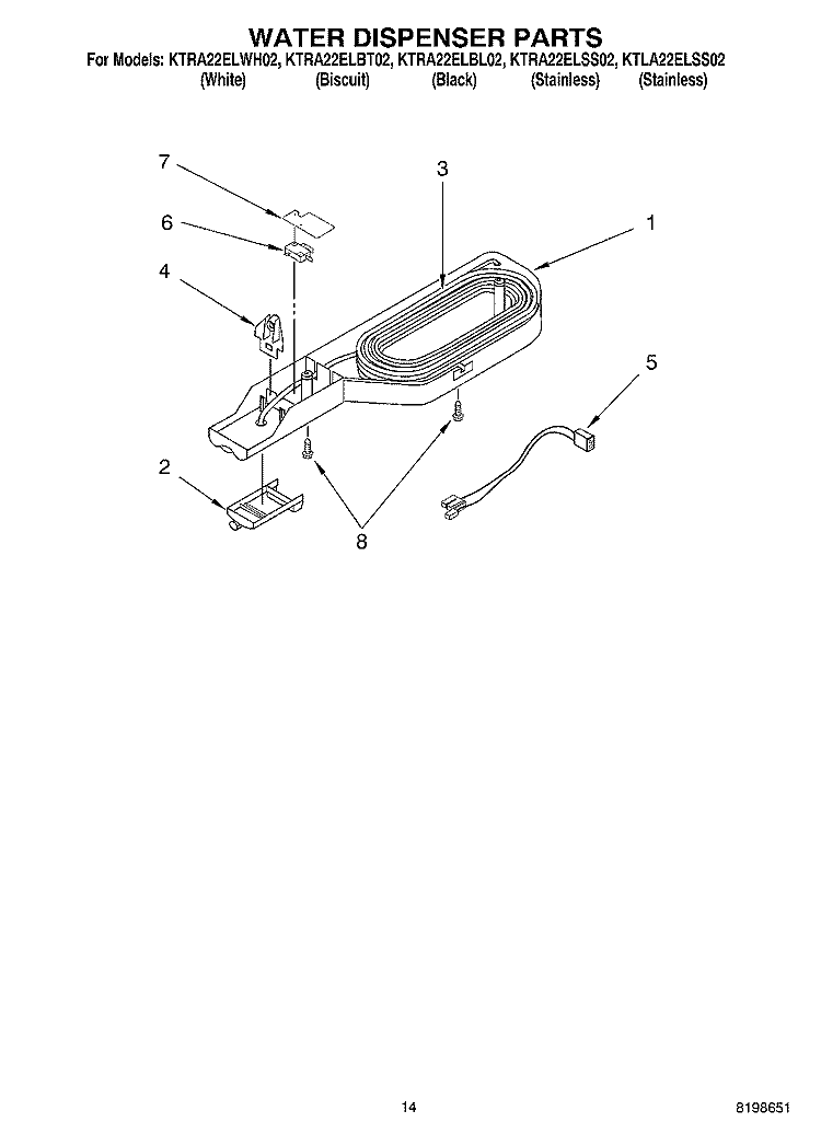 WATER DISPENSER PARTS, OPTIONAL PARTS Diagram and Parts List for KTRA22ELBT02  KitchenAid Refrigerator