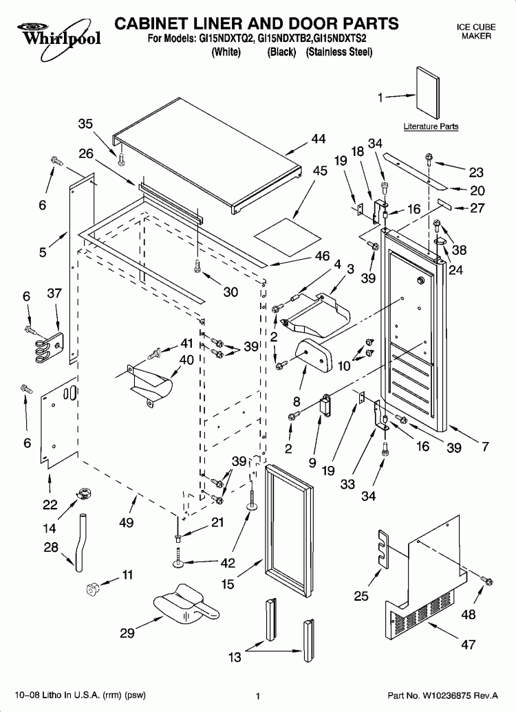 CABINET LINER AND DOOR PARTS Diagram and Parts List for GI15NDXTB2  Whirlpool Ice Maker