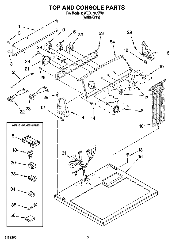TOP AND CONSOLE PARTS Diagram and Parts List for WED5700SW0  Whirlpool Dryer