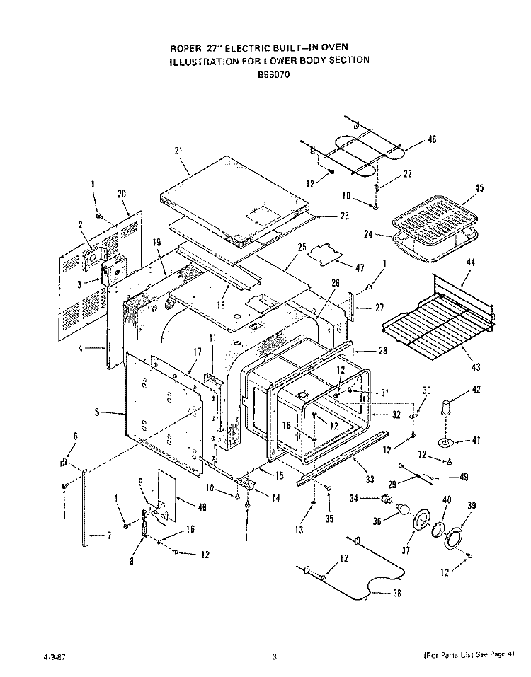 LOWER BODY Diagram and Parts List for B9607X0  Roper Wall Oven