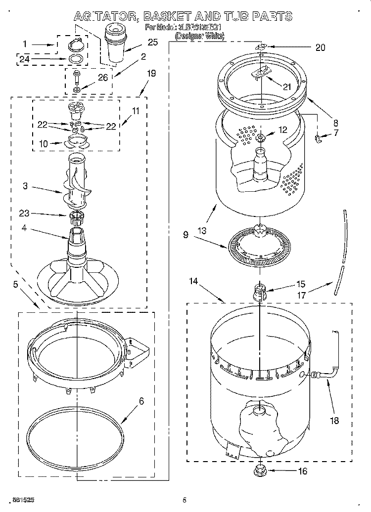 AGITATOR, BASKET AND TUB Diagram and Parts List for 3LBR6132EQ1  Whirlpool Washer