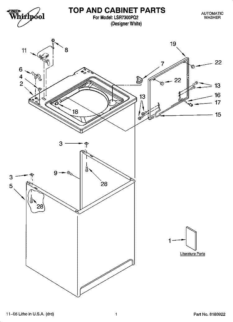 TOP AND CABINET PARTS Diagram and Parts List for LSR7300PQ2  Whirlpool Washer