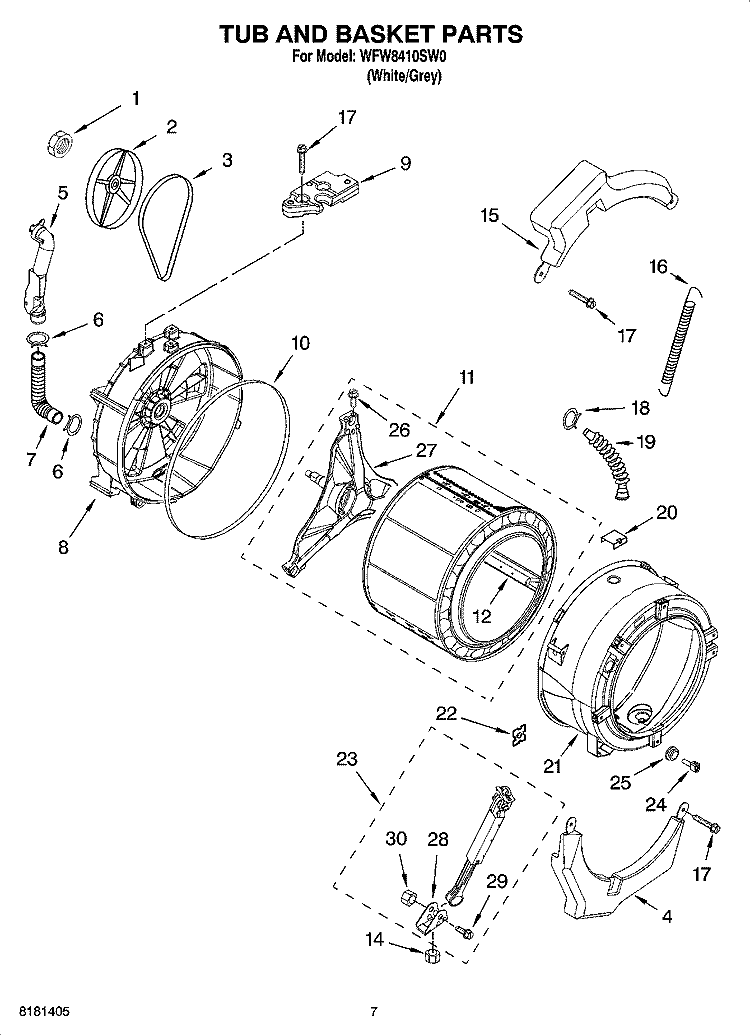 TUB AND BASKET PARTS, OPTIONAL PARTS (NOT INCLUDED) Diagram and Parts List for WFW8410SW0  Whirlpool Washer