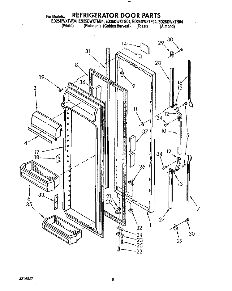 REFRIGERATOR DOOR Diagram and Parts List for ED25DWXTG04  Whirlpool Refrigerator