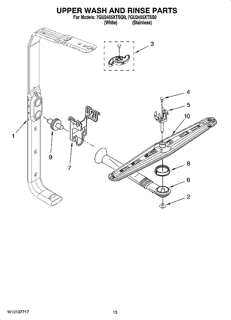 UPPER WASH AND RINSE PARTS Diagram and Parts List for 7GU2455XTSQ0  Whirlpool Dishwasher