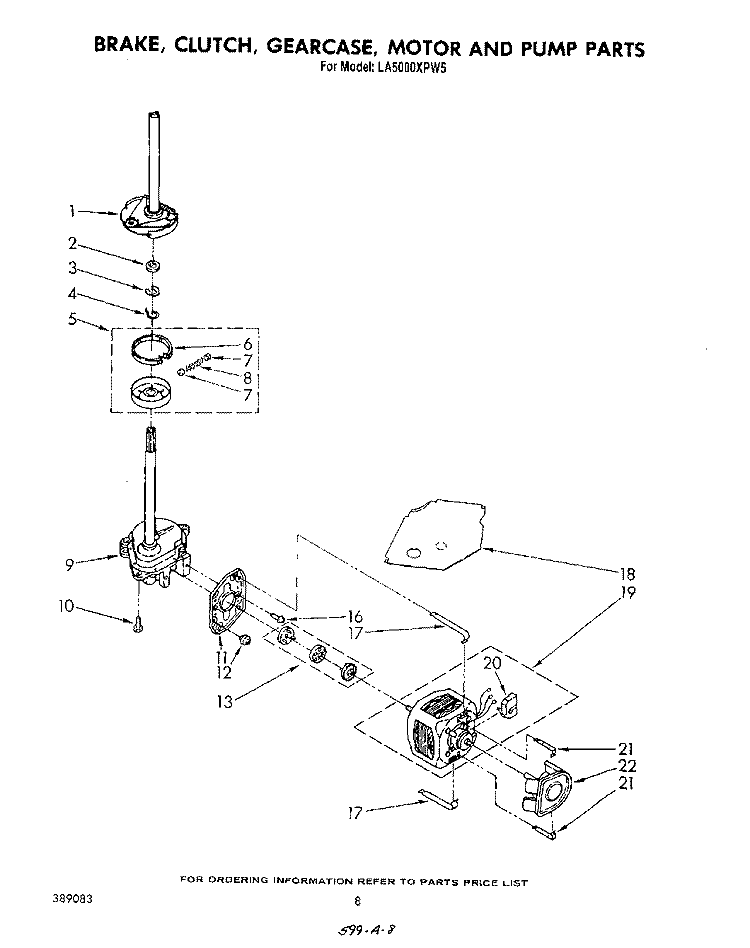 BRAKE, CLUTCH, GEARCASE, MOTOR AND PUMP Diagram and Parts List for LA5000XPW5  Whirlpool Washer