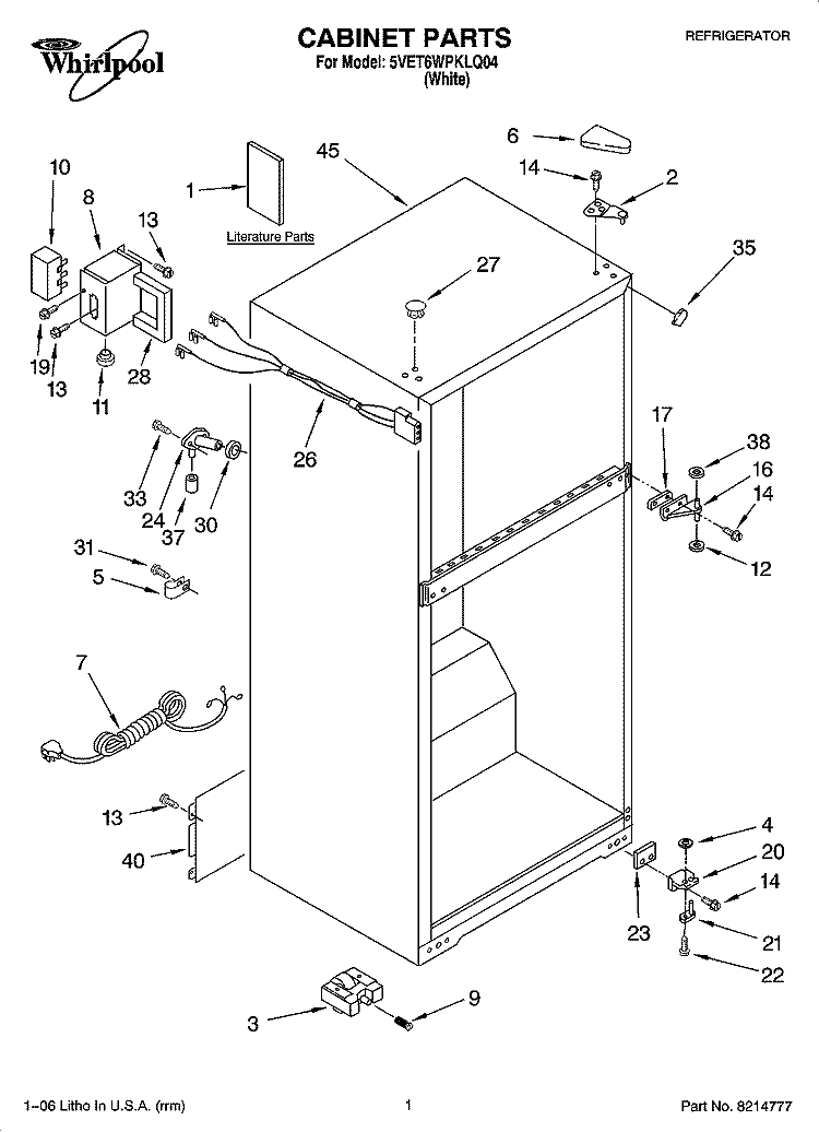 CABINET PARTS Diagram and Parts List for 5VET6WPKLQ04  Whirlpool Refrigerator
