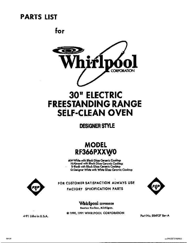 COVER Diagram and Parts List for RF366PXXQ0  Whirlpool Range