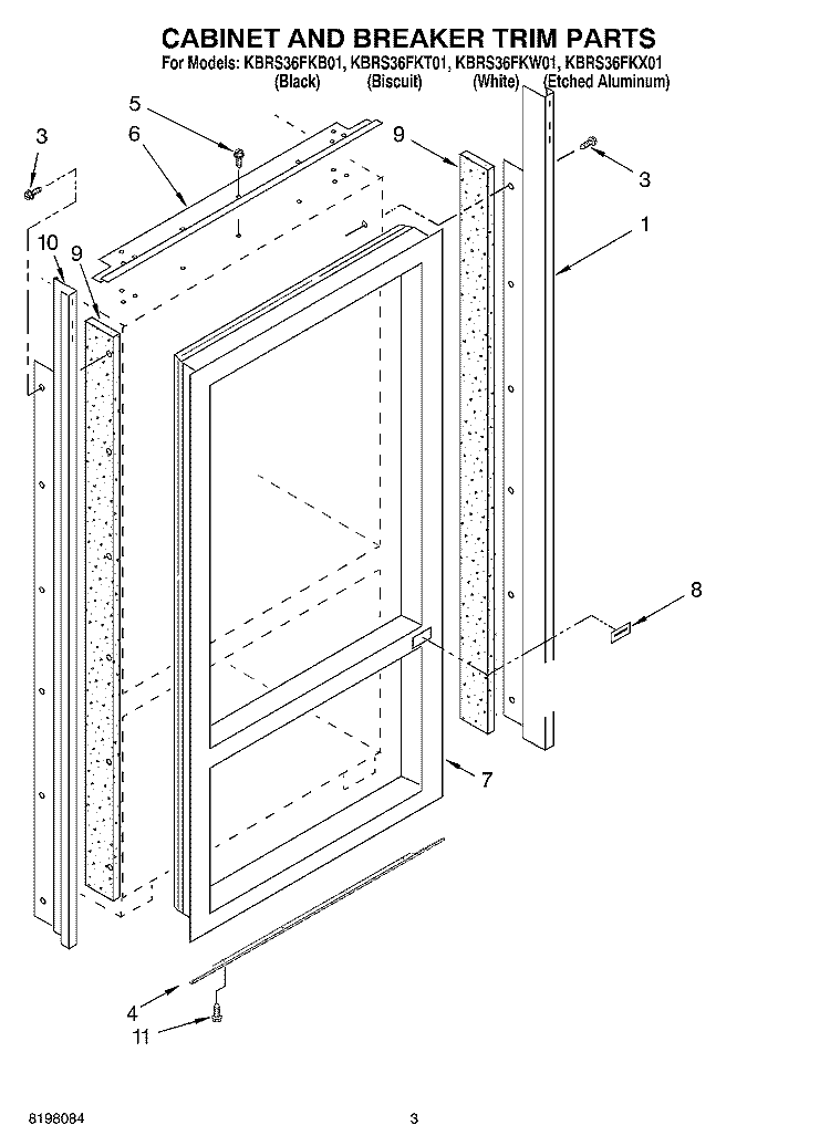 CABINET AND BREAKER TRIM Diagram and Parts List for KBRS36FKW01  KitchenAid Refrigerator