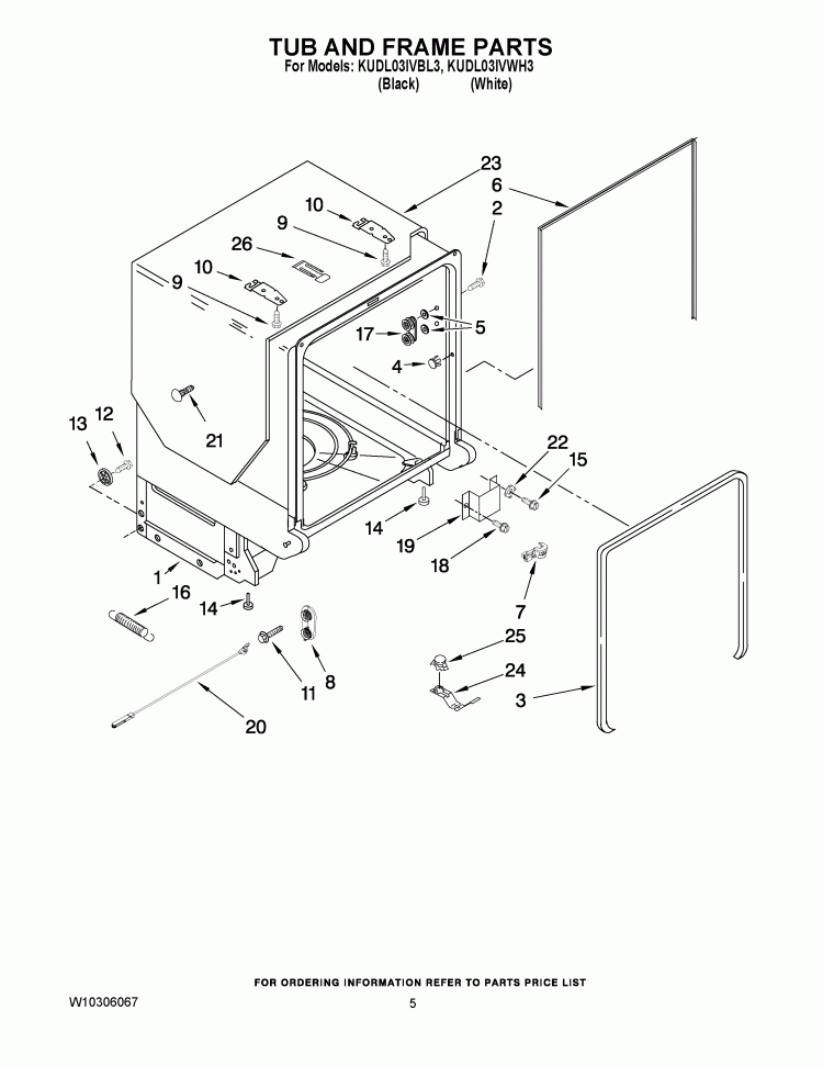 TUB AND FRAME PARTS Diagram and Parts List for KUDL03IVWH3  KitchenAid Dishwasher