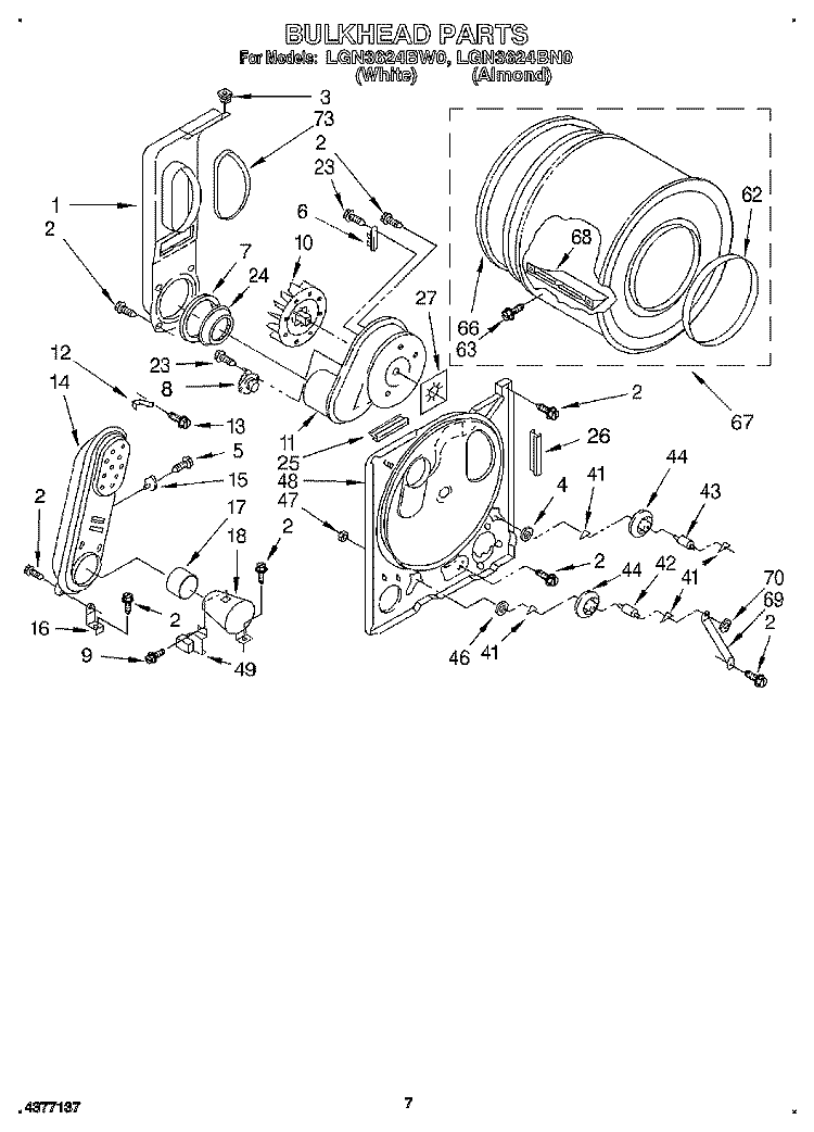 BULKHEAD Diagram and Parts List for LGN3624BW0  Whirlpool Dryer