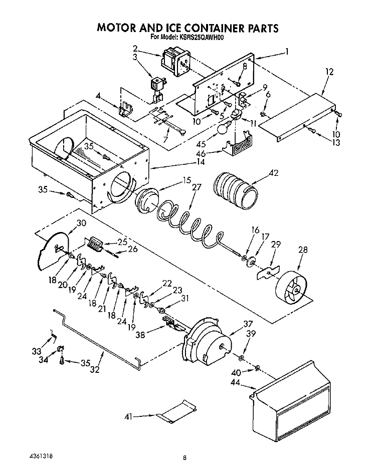 MOTOR AND ICE CONTAINER, LIT/OPTIONAL Diagram and Parts List for KSRS25QAWH00  KitchenAid Refrigerator
