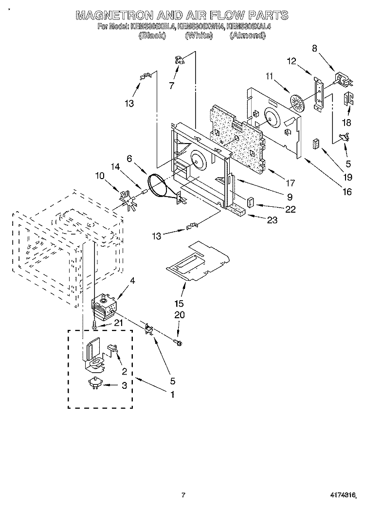 MAGNETRON AND AIR FLOW Diagram and Parts List for KEMS306XBL4  KitchenAid Wall Oven