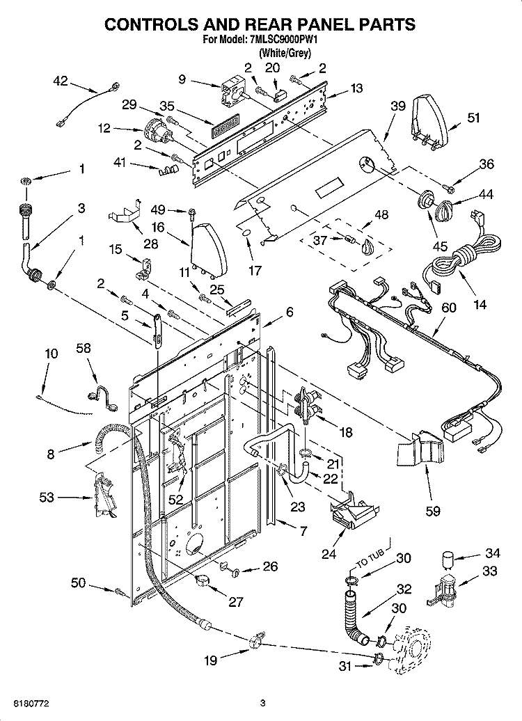 CONTROLS AND REAR PANEL PARTS Diagram and Parts List for 7MLSC9000PW1  Whirlpool Washer