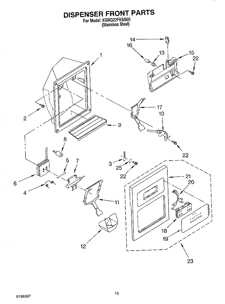 DISPENSER FRONT PARTS Diagram and Parts List for KSRG22FKSS05  KitchenAid Refrigerator