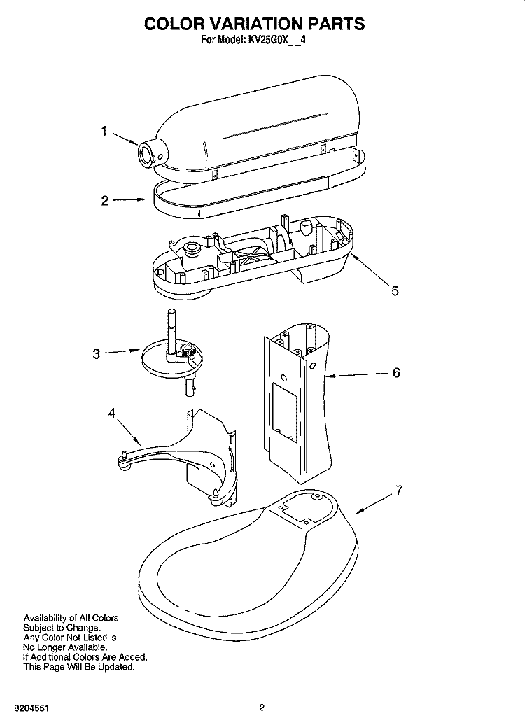 COLOR VARIATION PARTS Diagram and Parts List for KV25G0XCY4  KitchenAid Mixer