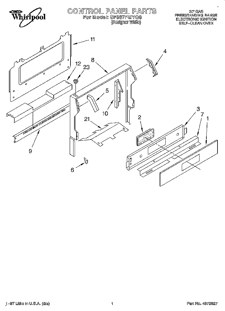 CONTROL PANEL Diagram and Parts List for SF387PEYQ8  Whirlpool Range