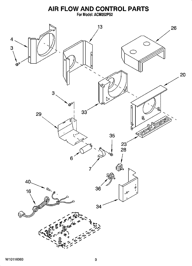 AIR FLOW AND CONTROL PARTS Diagram and Parts List for ACM052PS2  Whirlpool Air Conditioner