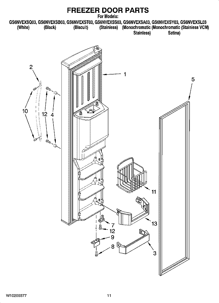 FREEZER DOOR PARTS Diagram and Parts List for GS6NVEXST03  Whirlpool Refrigerator
