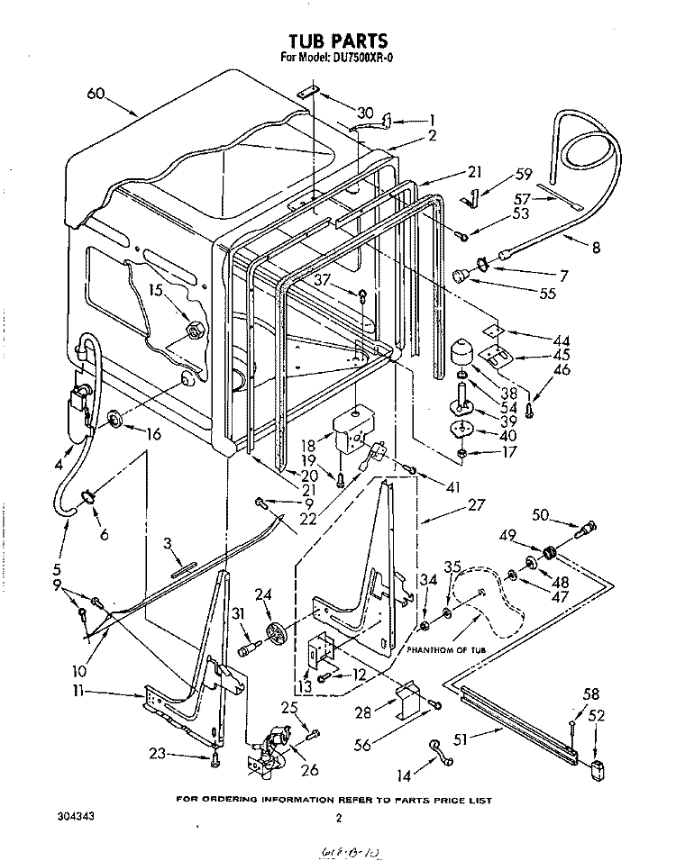 TUB , LITERATURE AND OPTIONAL Diagram and Parts List for DU7500XR0  Whirlpool Dishwasher