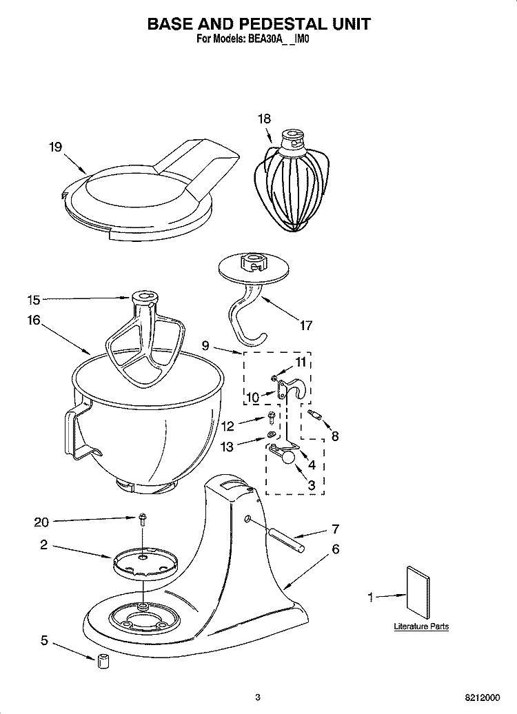 BASE AND PEDESTAL UNIT Diagram and Parts List for BEA30AVAIM0  Whirlpool Mixer