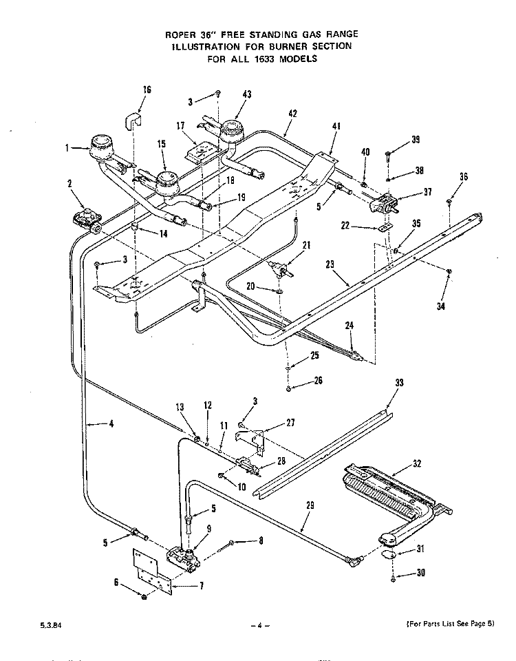 BURNER Diagram and Parts List for 1633W0A  Roper Range