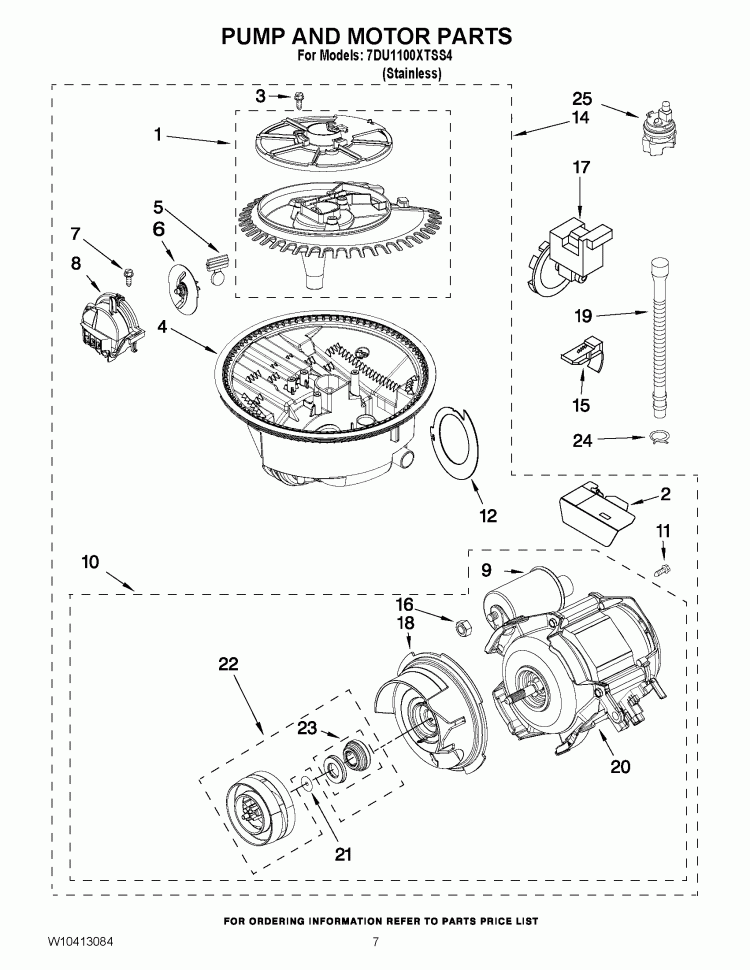 PUMP AND MOTOR PARTS Diagram and Parts List for 7DU1100XTSS4  Whirlpool Dishwasher