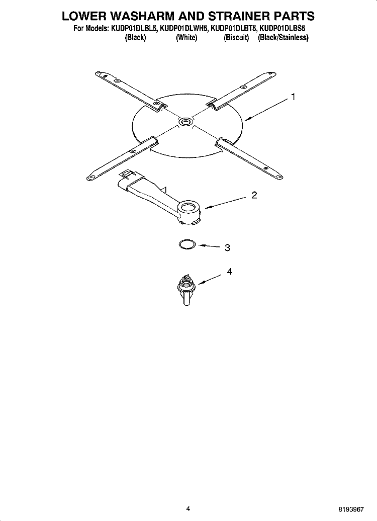 LOWER WASHARM AND STRAINER PARTS Diagram and Parts List for KUDP01DLBL5  KitchenAid Dishwasher