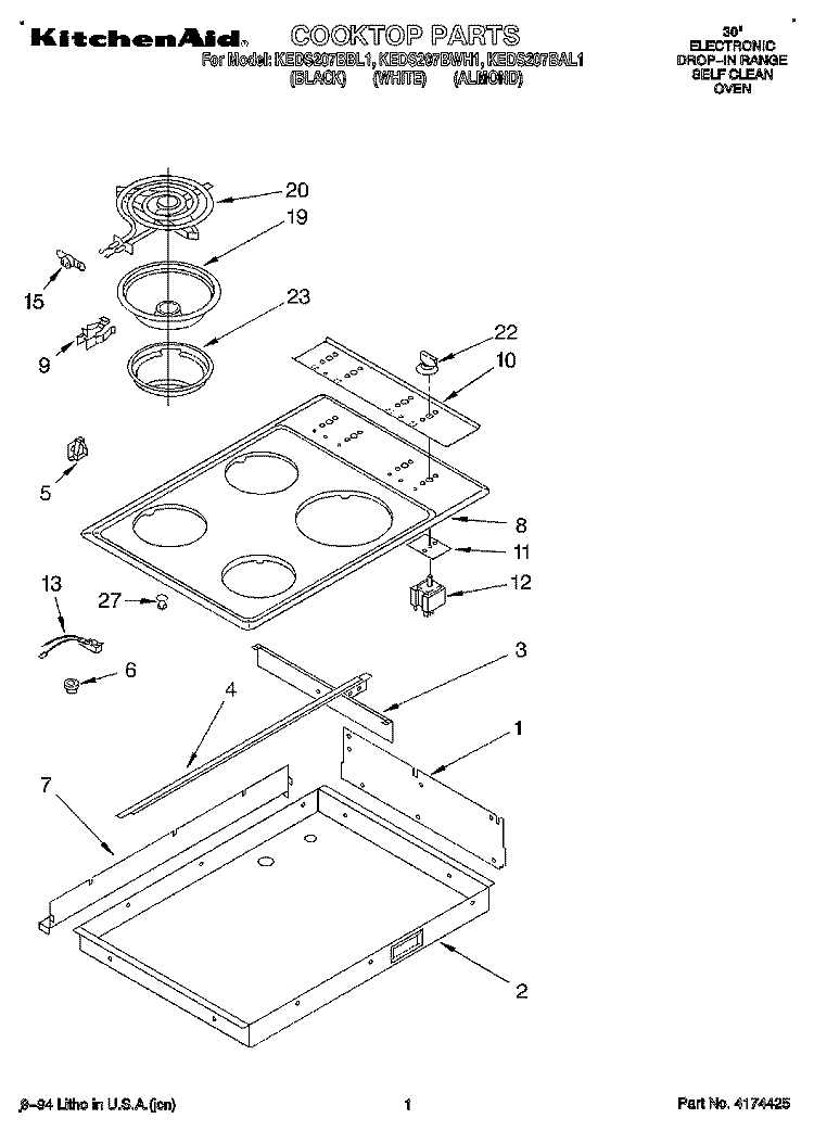 COOKTOP Diagram and Parts List for KEDS207BWH1  KitchenAid Range