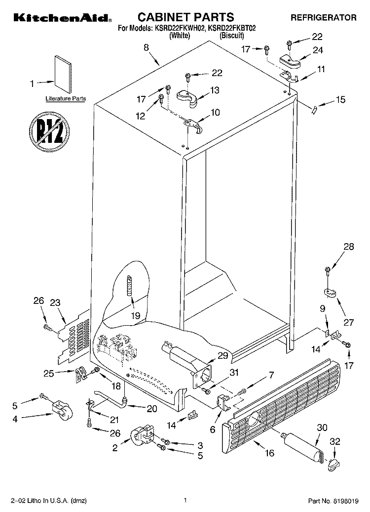 CABINET, LITERATURE Diagram and Parts List for KSRD22FKBT02  KitchenAid Refrigerator