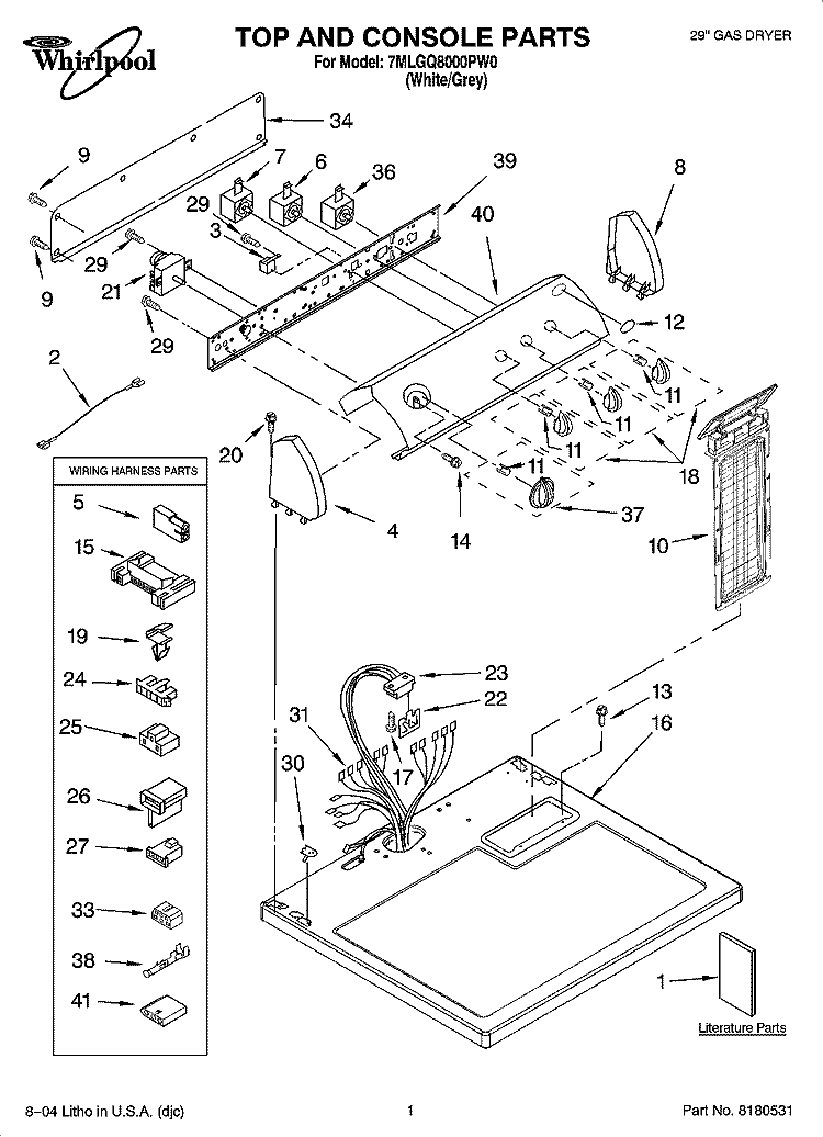 TOP AND CONSOLE PARTS Diagram and Parts List for 7MLGQ8000PW0  Whirlpool Dryer