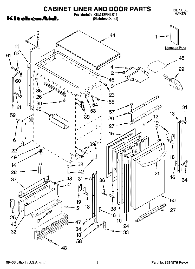 CABINET LINER AND DOOR PARTS Diagram and Parts List for KUIA18PNLS11  KitchenAid Ice Maker