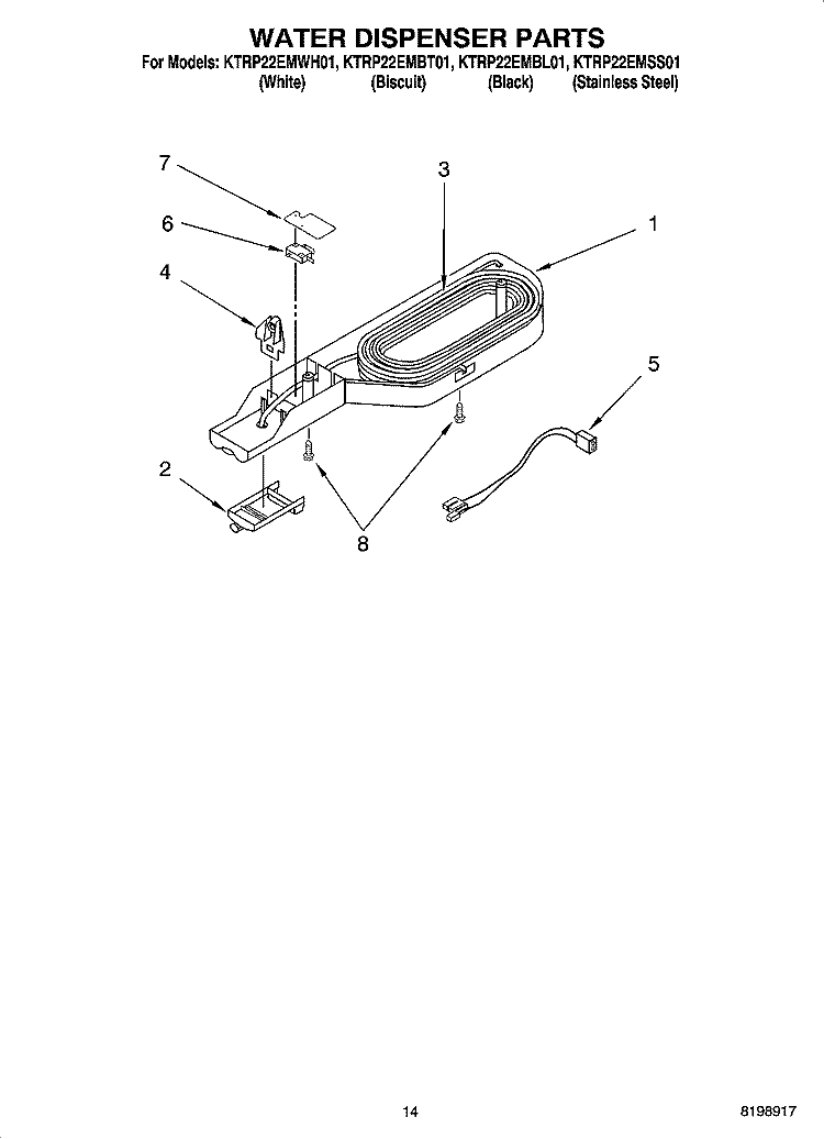 WATER DISPENSER PARTS, OPTIONAL PARTS Diagram and Parts List for KTRP22EMBL01  KitchenAid Refrigerator