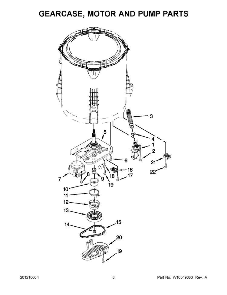 GEARCASE, MOTOR AND PUMP PARTS Diagram and Parts List for 4GWTW5550YW1  Whirlpool Washer