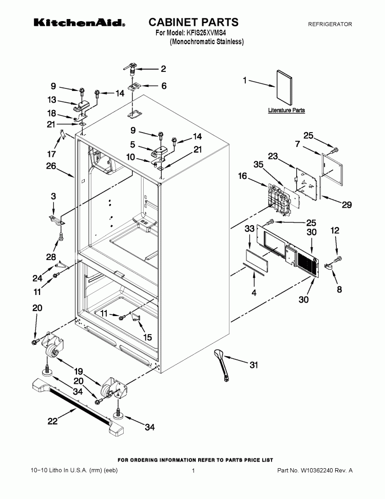 CABINET PARTS Diagram and Parts List for KFIS25XVMS4  KitchenAid Refrigerator