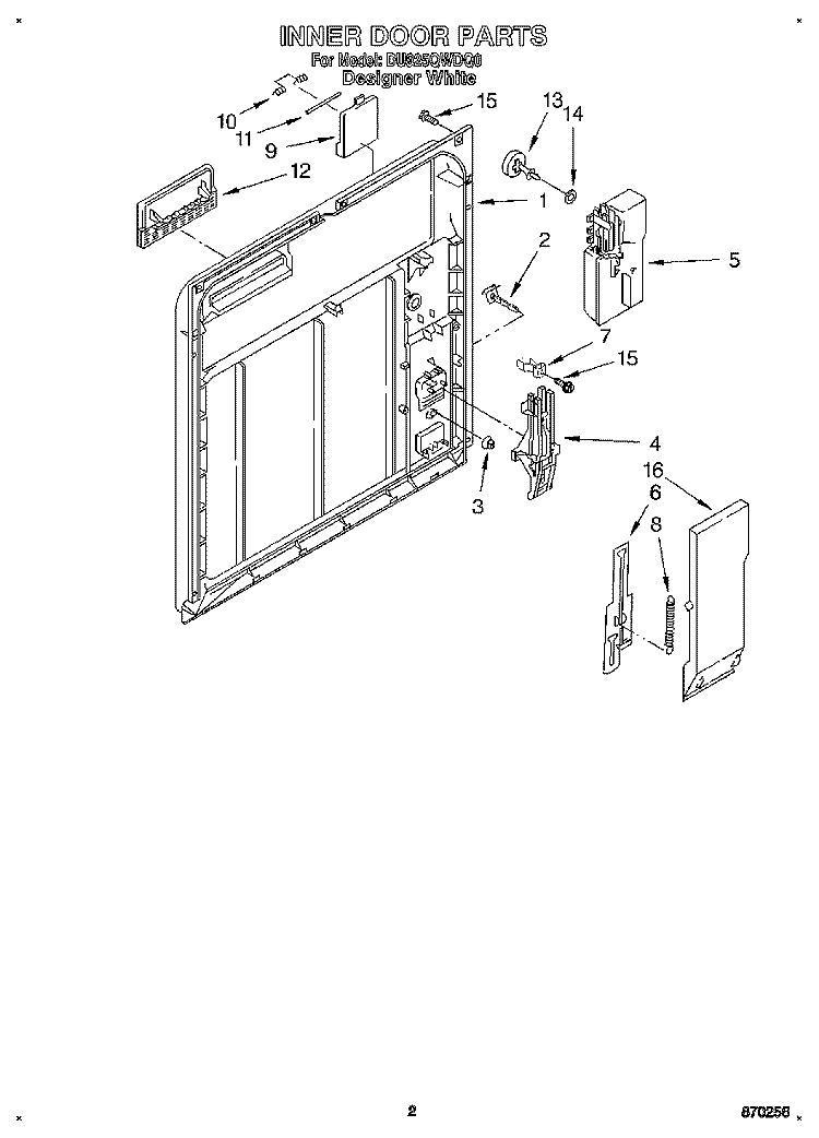 INNER DOOR Diagram and Parts List for DU925QWDQ0  Whirlpool Dishwasher