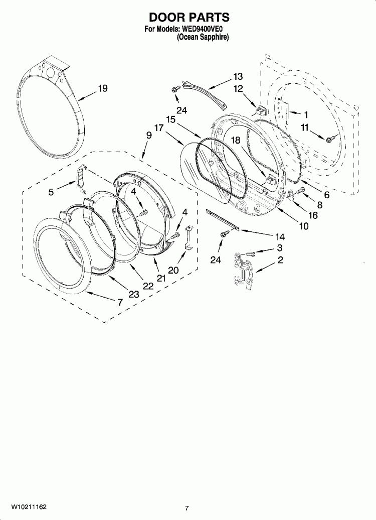 DOOR PARTS, OPTIONAL PARTS (NOT INCLUDED) Diagram and Parts List for WED9400VE0  Whirlpool Dryer