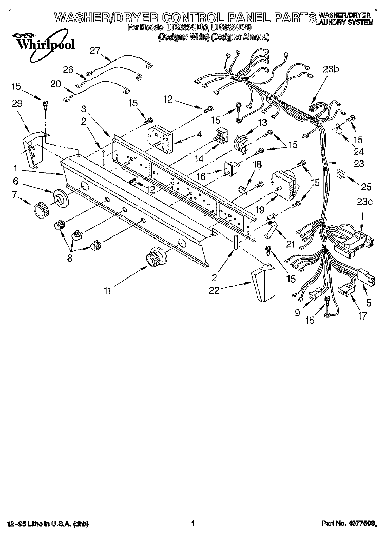 WASHER/DRYER CONTROL PANEL Diagram and Parts List for LTG6234DQ0  Whirlpool Washer Dryer Combo