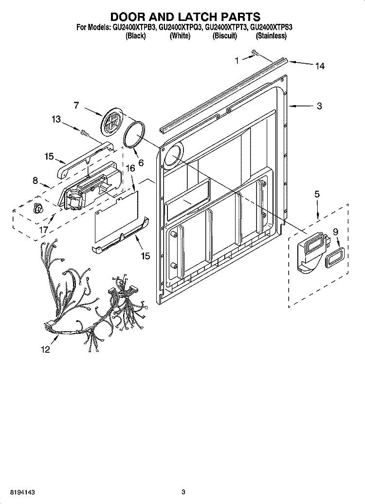 DOOR AND LATCH PARTS Diagram and Parts List for GU2400XTPB3  Whirlpool Dishwasher