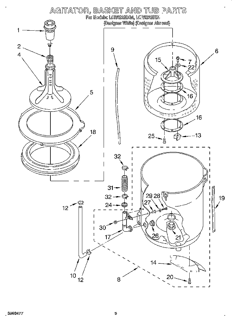 AGITATOR, BASKET AND TUB Diagram and Parts List for LCR5232DZ4  Whirlpool Washer