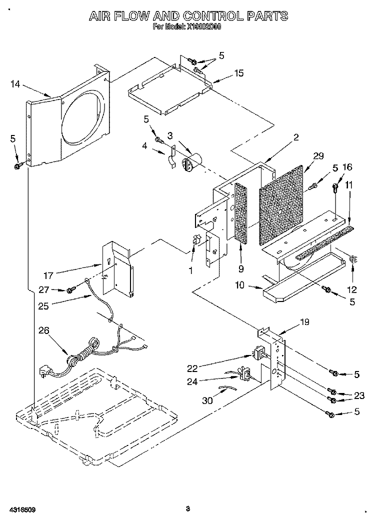 AIR FLOW AND CONTROL Diagram and Parts List for X10002D00  Roper Air Conditioner