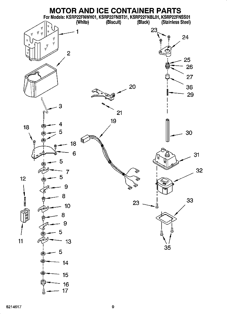 MOTOR AND ICE CONTAINER PARTS Diagram and Parts List for KSRP22FNBL01  KitchenAid Refrigerator