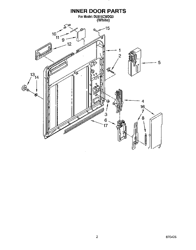 INNER DOOR Diagram and Parts List for DU810CWDQ3  Whirlpool Dishwasher